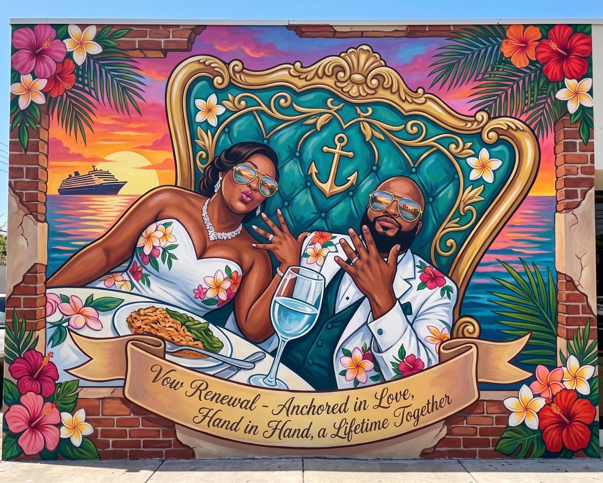 Mural of the couple at a sunset vow renewal dinner reading Anchored in Love, Hand in Hand, a Lifetime Together