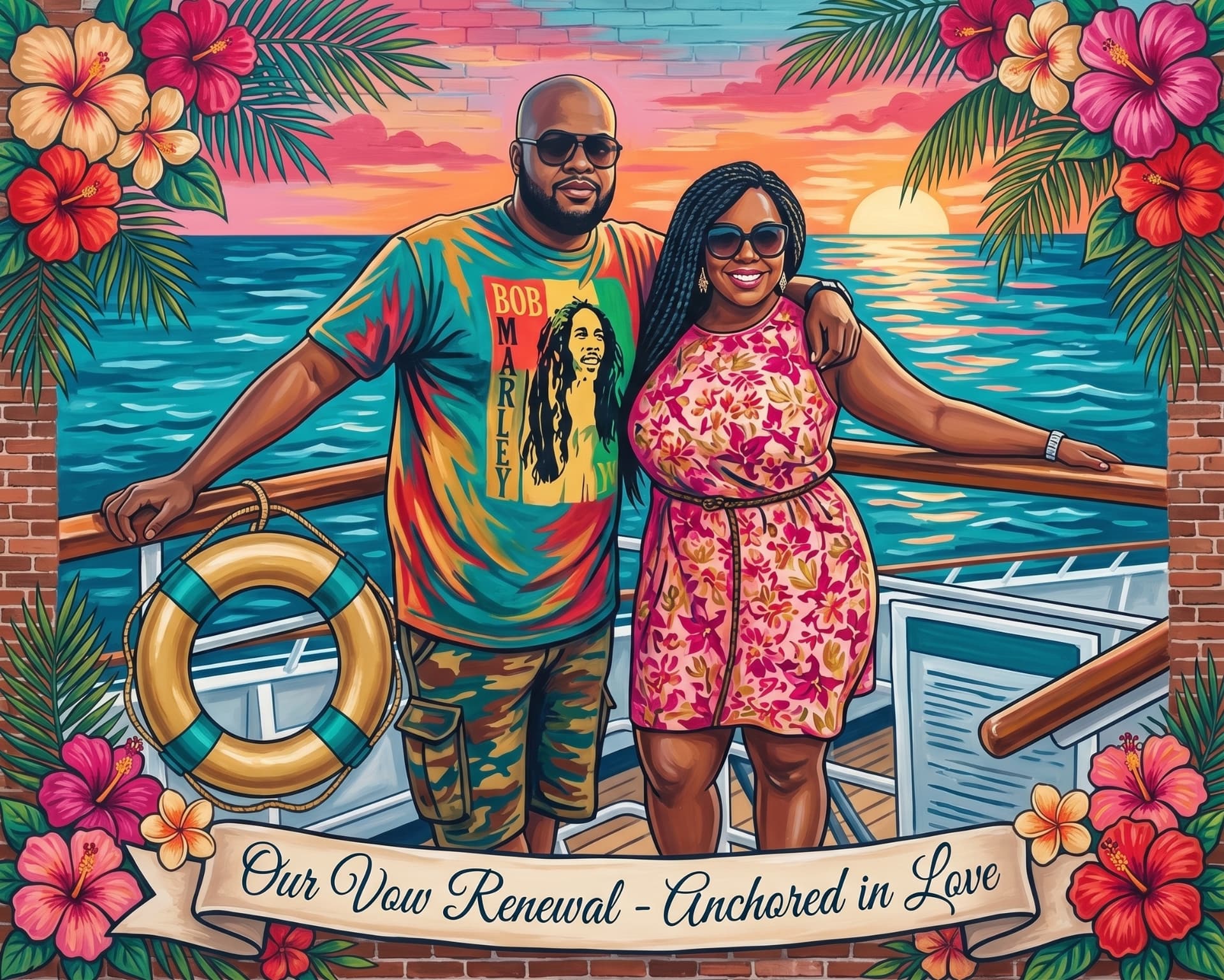 Mural of the couple on a cruise deck at sunset with the banner Our Vow Renewal - Anchored in Love