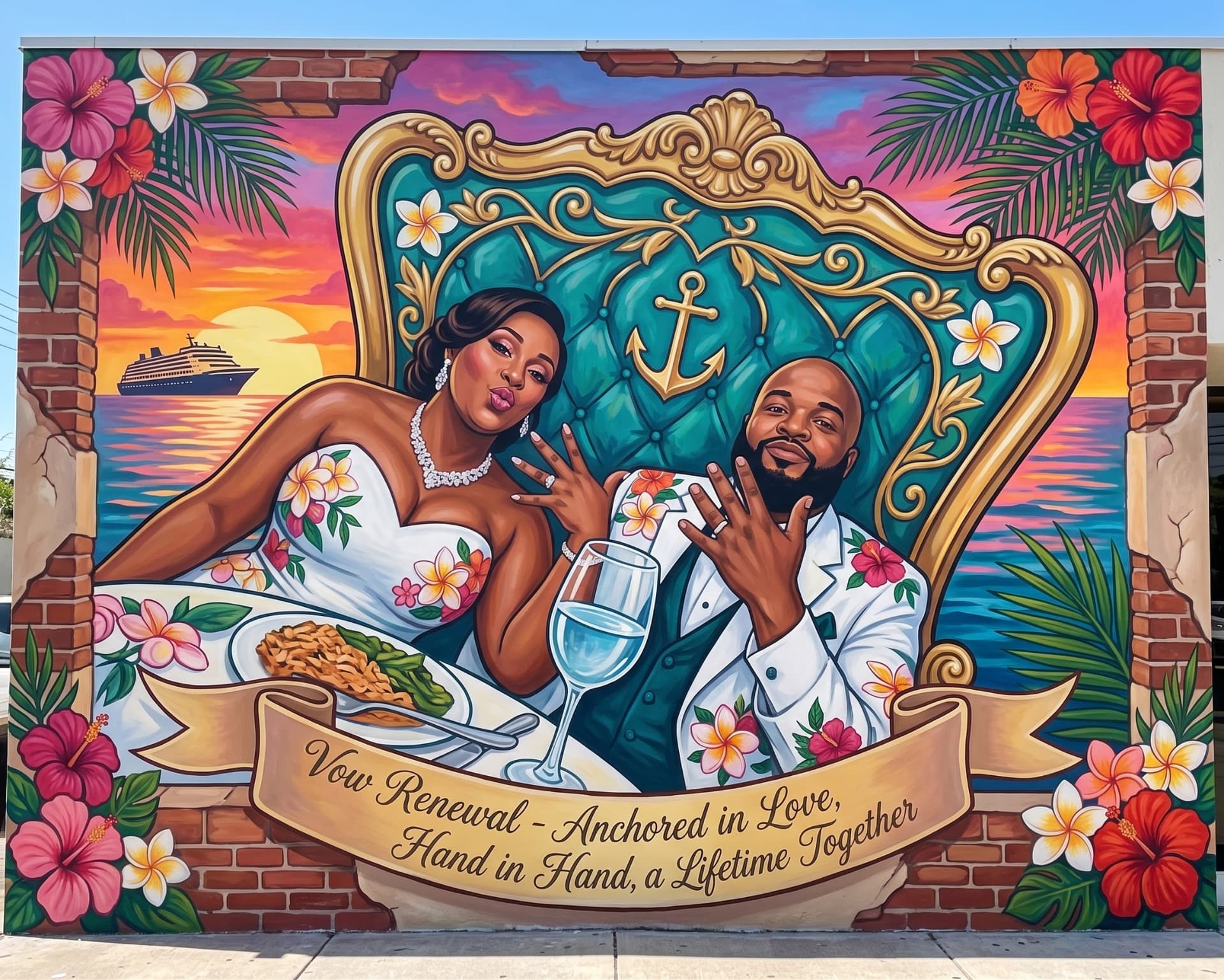 Vow renewal reception mural of the couple at a sunset dinner, surrounded by tropical flowers and an anchor backdrop