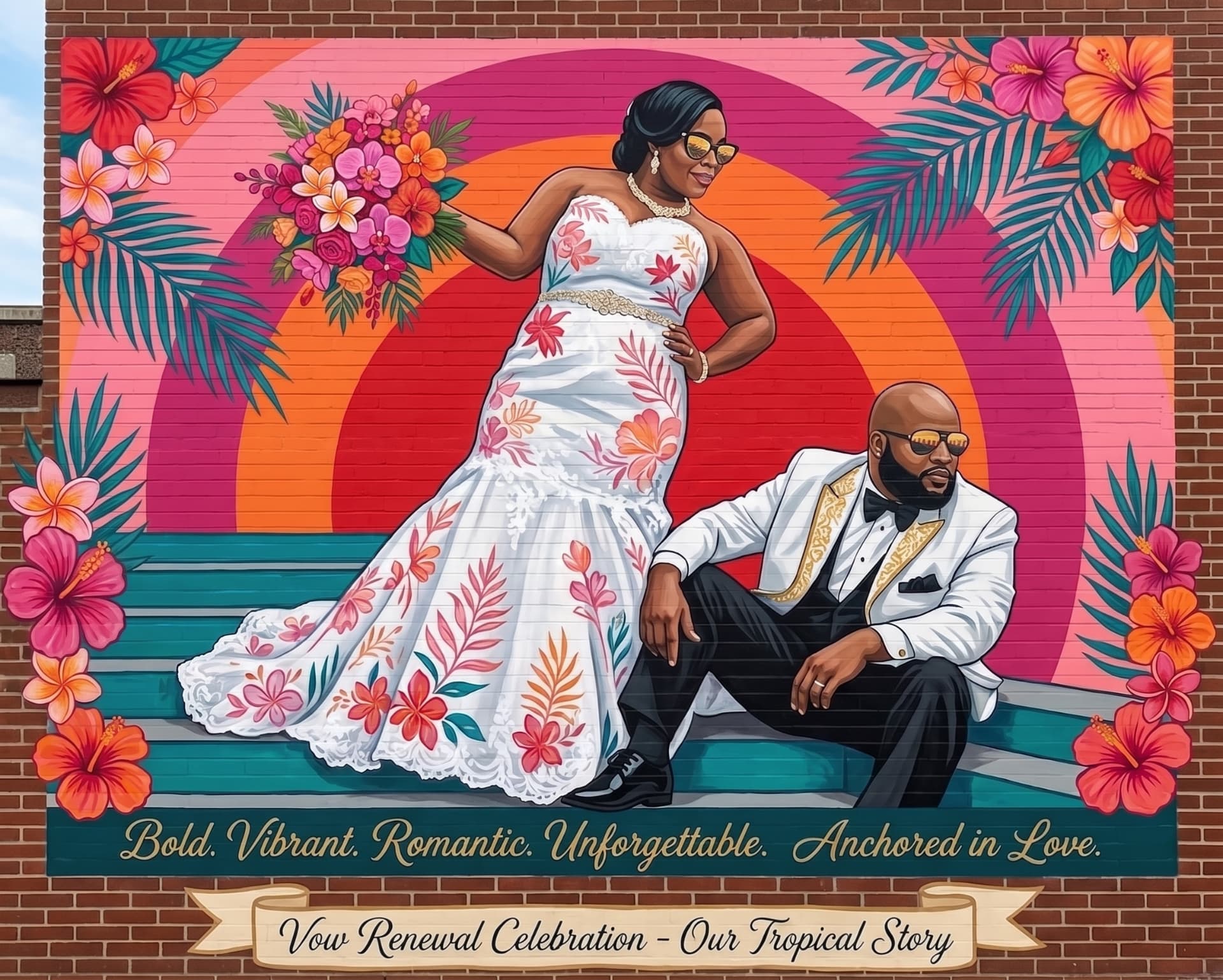 Mural of the couple in formal wedding attire titled Vow Renewal Celebration - Our Tropical Story