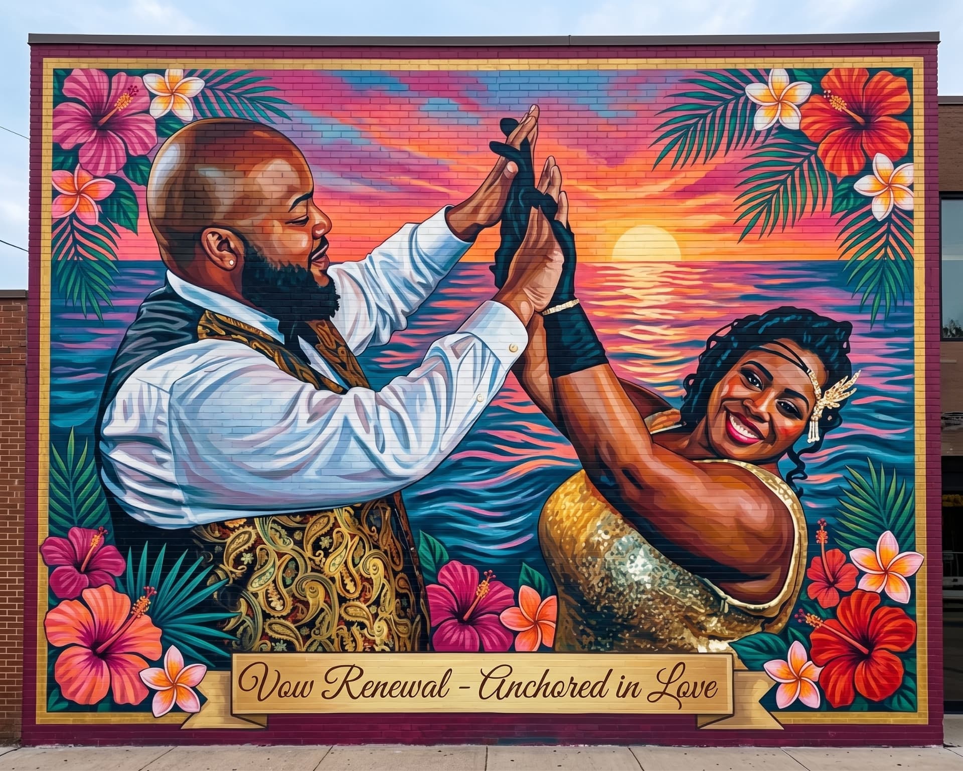 Mural of the couple dancing at sunset over the ocean with the banner Vow Renewal - Anchored in Love