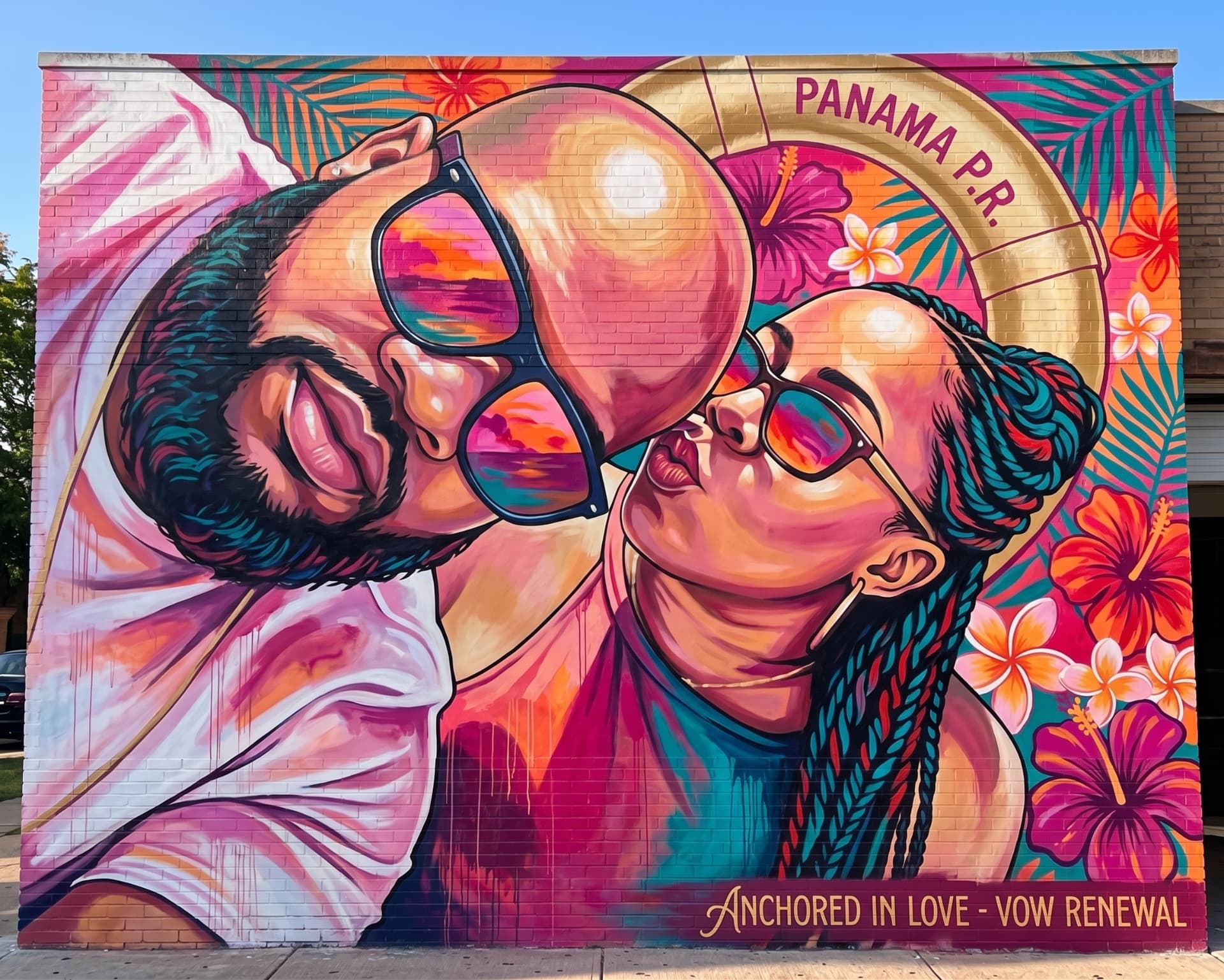 Close-up mural of the couple kissing in sunglasses labeled Panama P.R., Anchored in Love - Vow Renewal