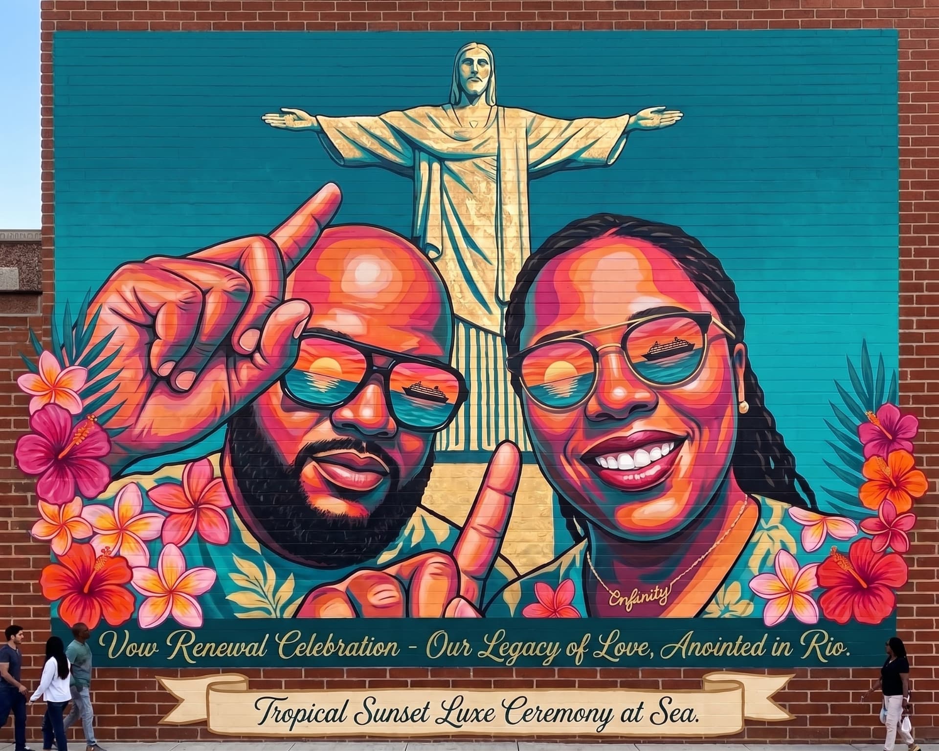 Rio mural of the couple in sunglasses with Christ the Redeemer, titled Our Legacy of Love, Anointed in Rio