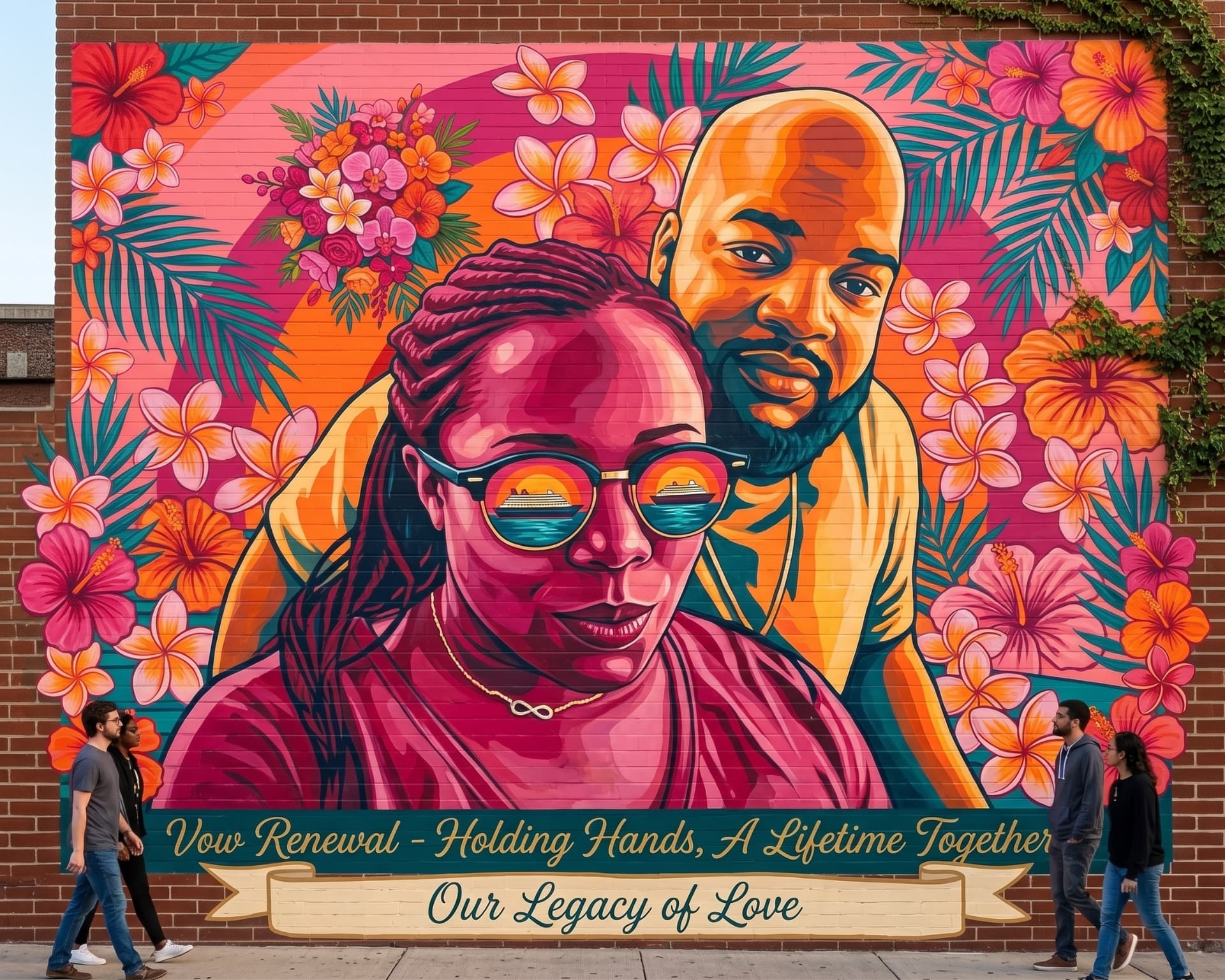 Mural portrait of the couple in sunglasses reflecting a cruise ship, titled Vow Renewal - Holding Hands, A Lifetime Together
