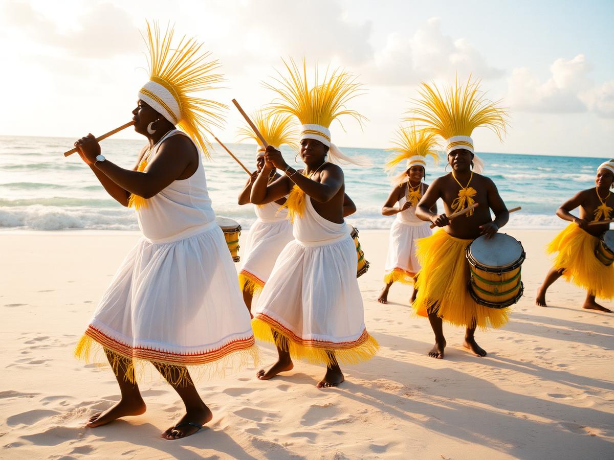 Garifuna drummers and dancers performing on a Roatán beach